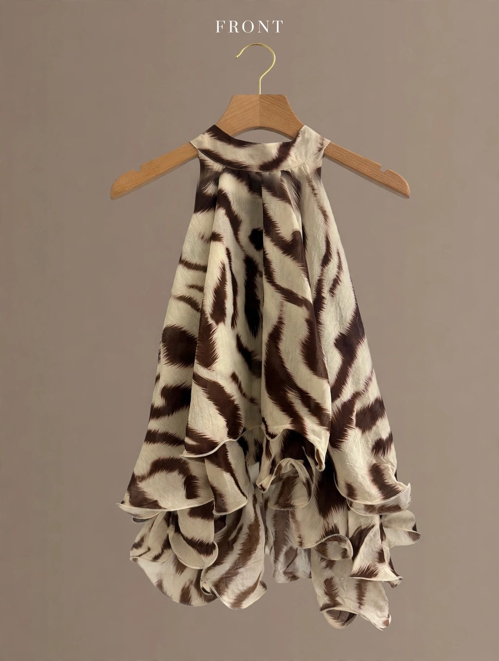 Chocolate Abstract Zebra Ruffle Halter Top