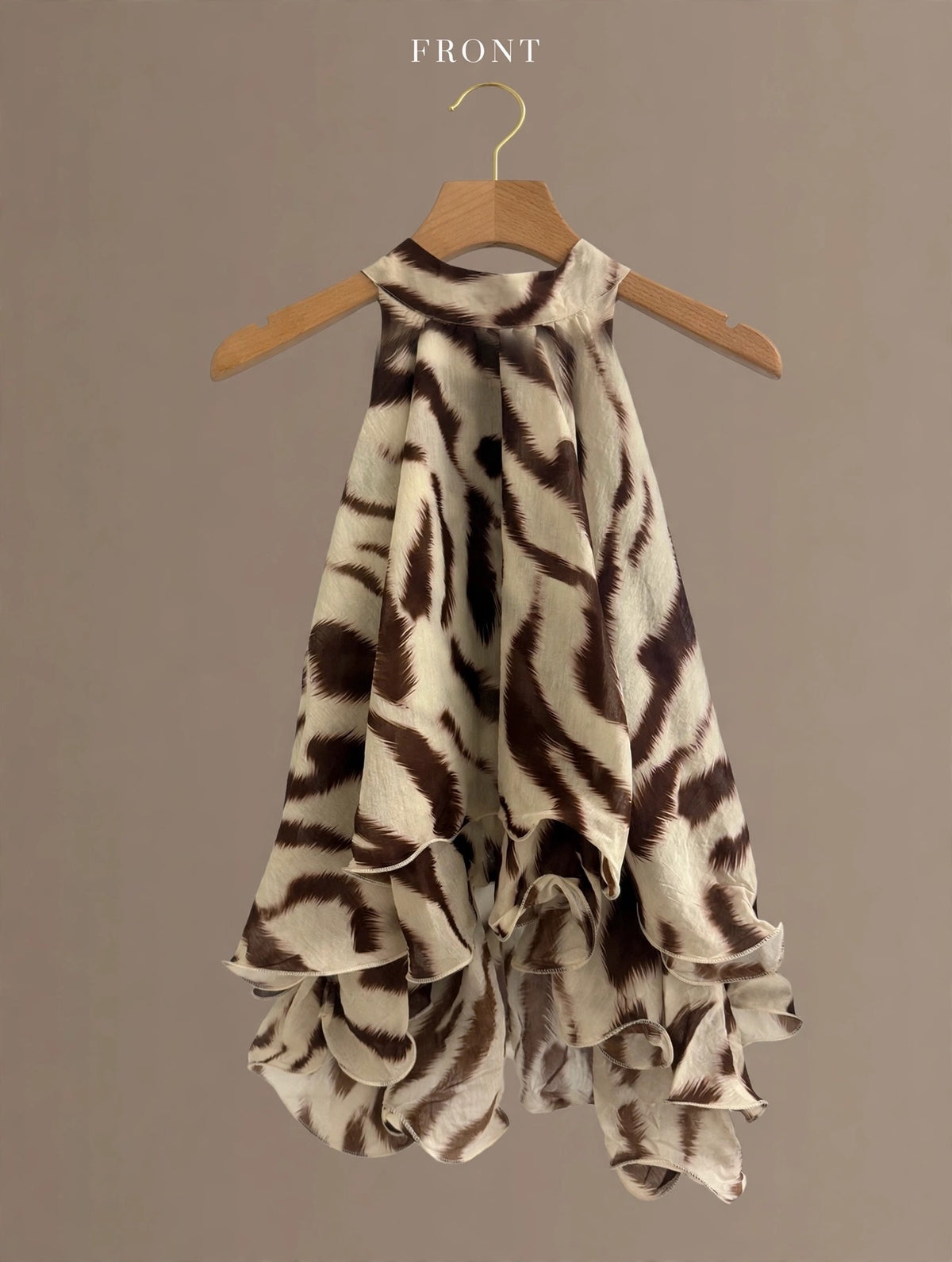 Chocolate Abstract Zebra Ruffle Halter Top