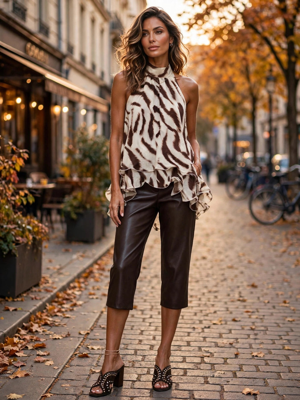 Chocolate Abstract Zebra Ruffle Halter Top