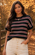 Black & Burgundy Soft Knit Striped Short-Sleeve Top (available in other colours)