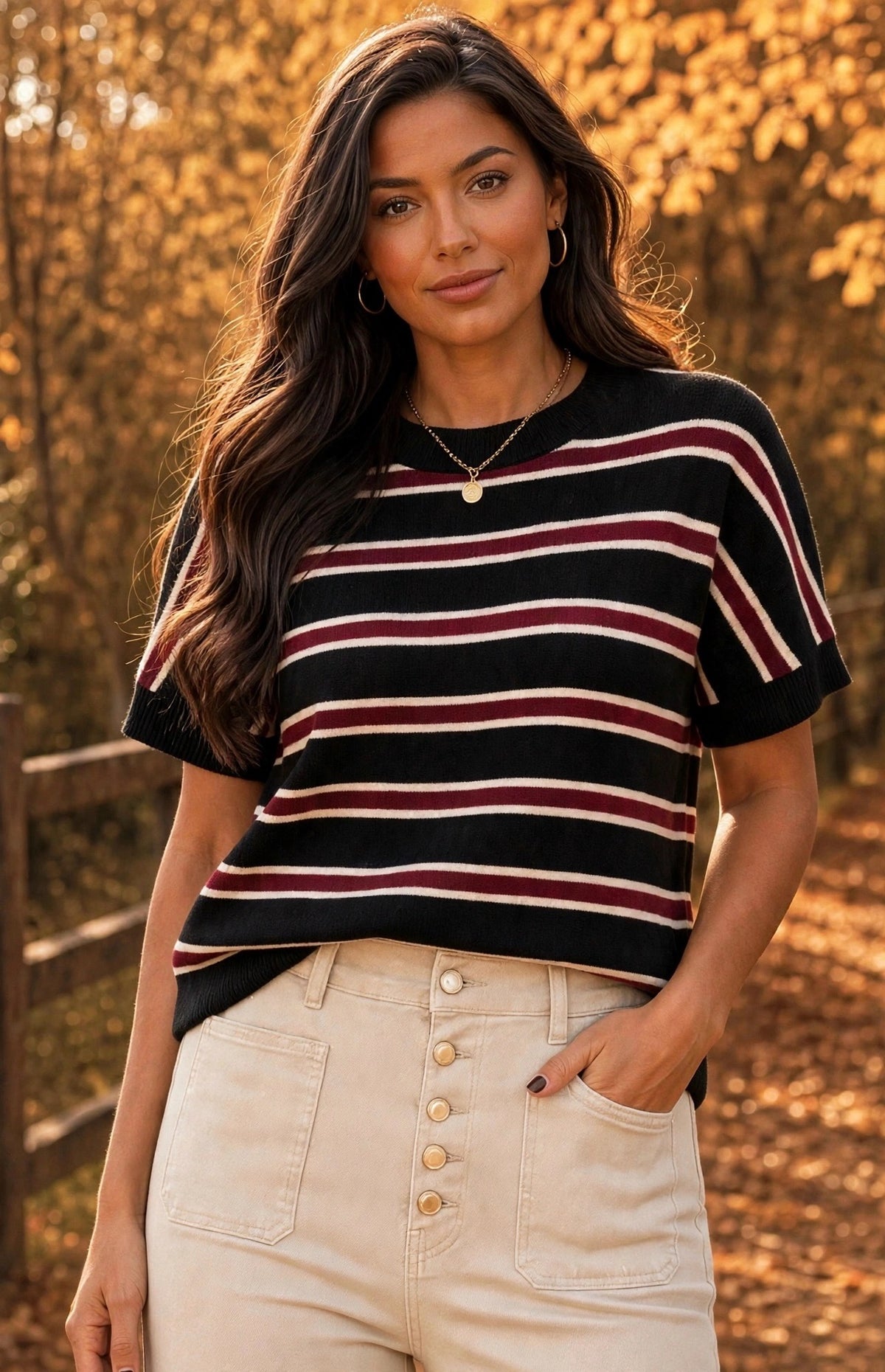 Black & Burgundy Soft Knit Striped Short-Sleeve Top (available in other colours)
