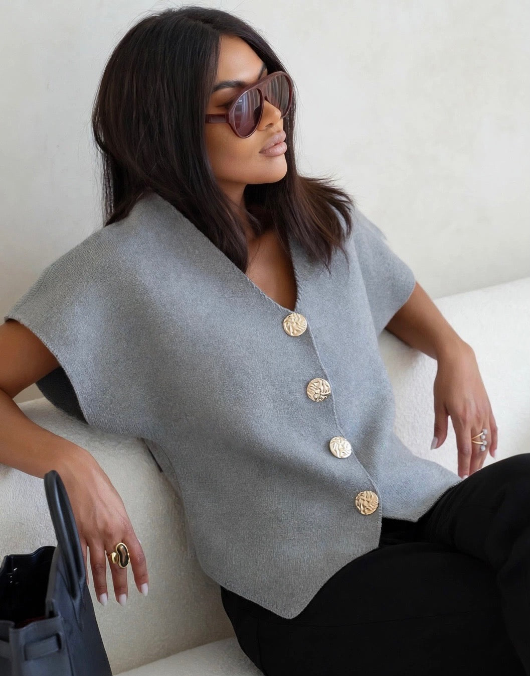 Grey Gold Button Point Hem Top/Cardigan (available in other colours)