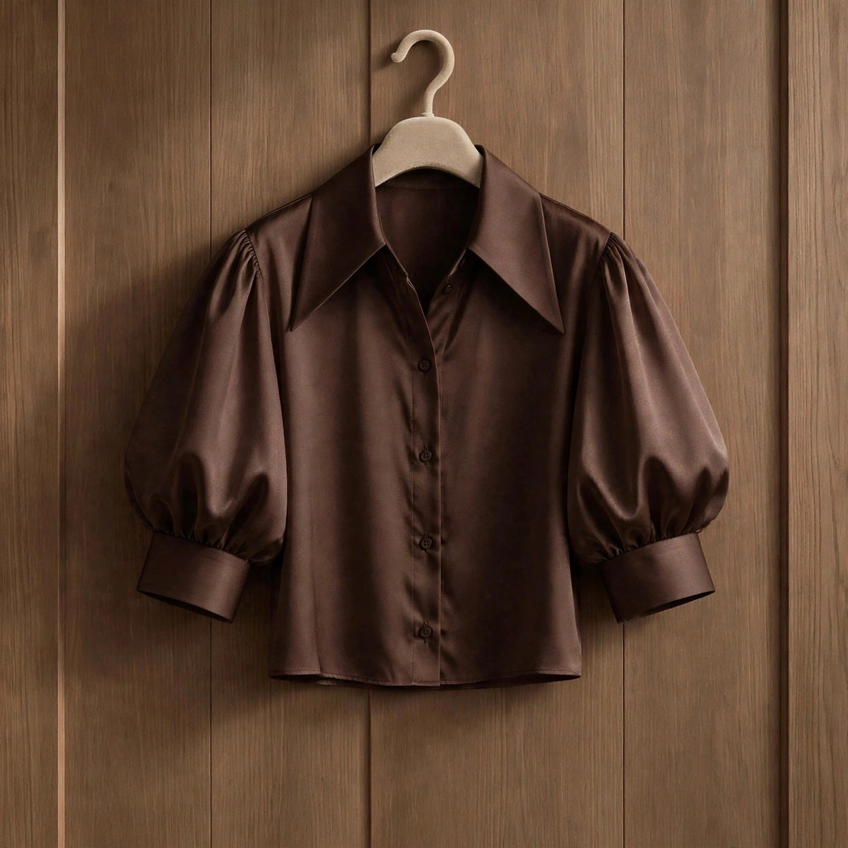 Chocolate Satin Look Cropped Puff Sleeve Shirt (available in other colours)