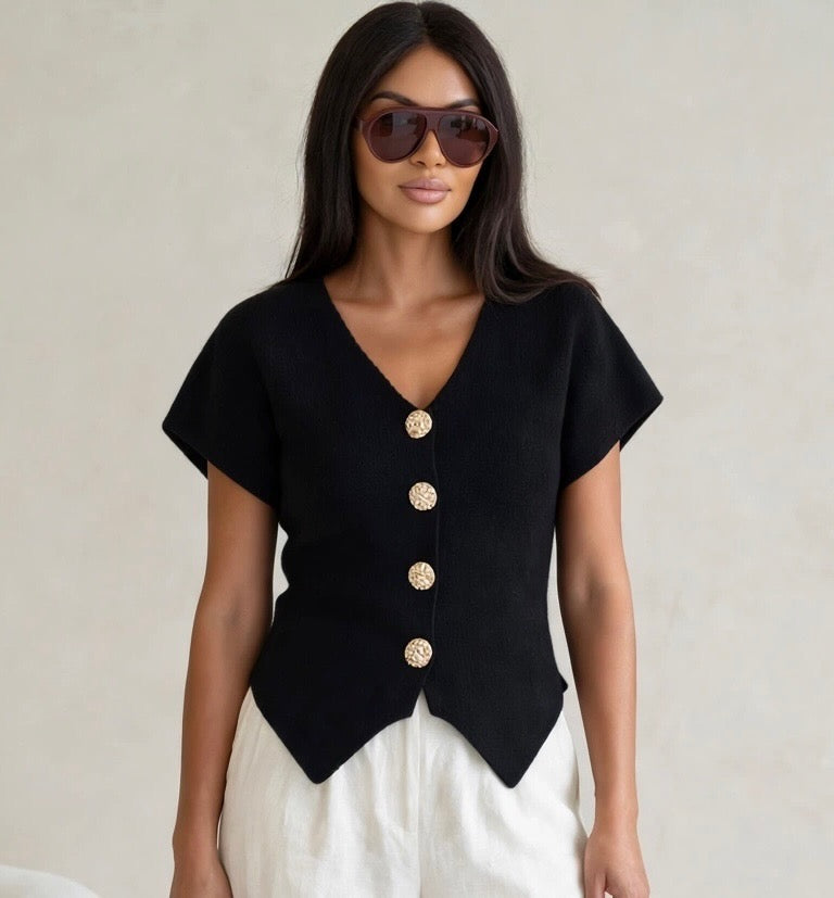Black Gold Button Point Hem Top/Cardigan (available in other colours)