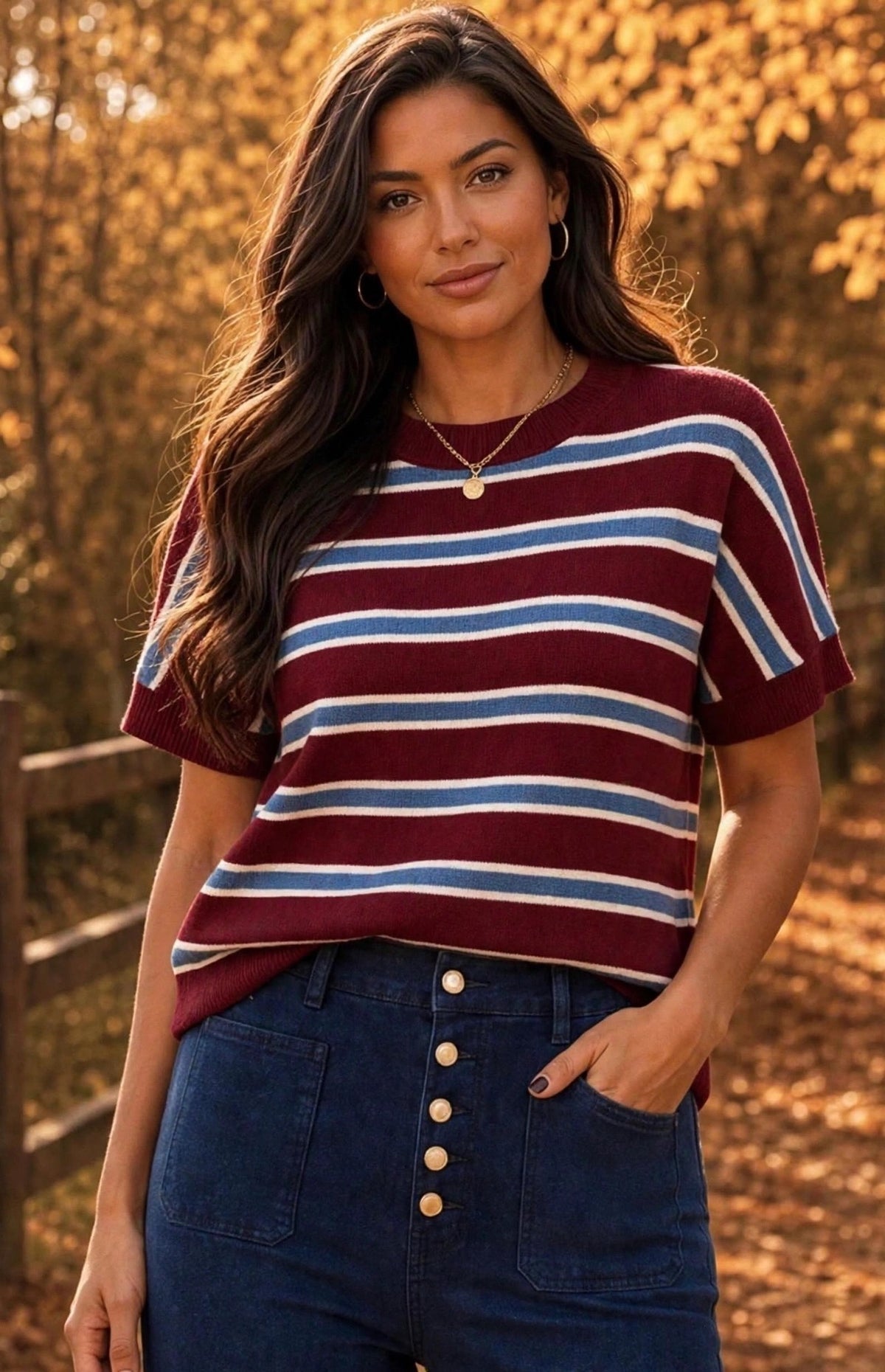 Burgundy & Blue Soft Knit Striped Short-Sleeve Top (available in other colours)