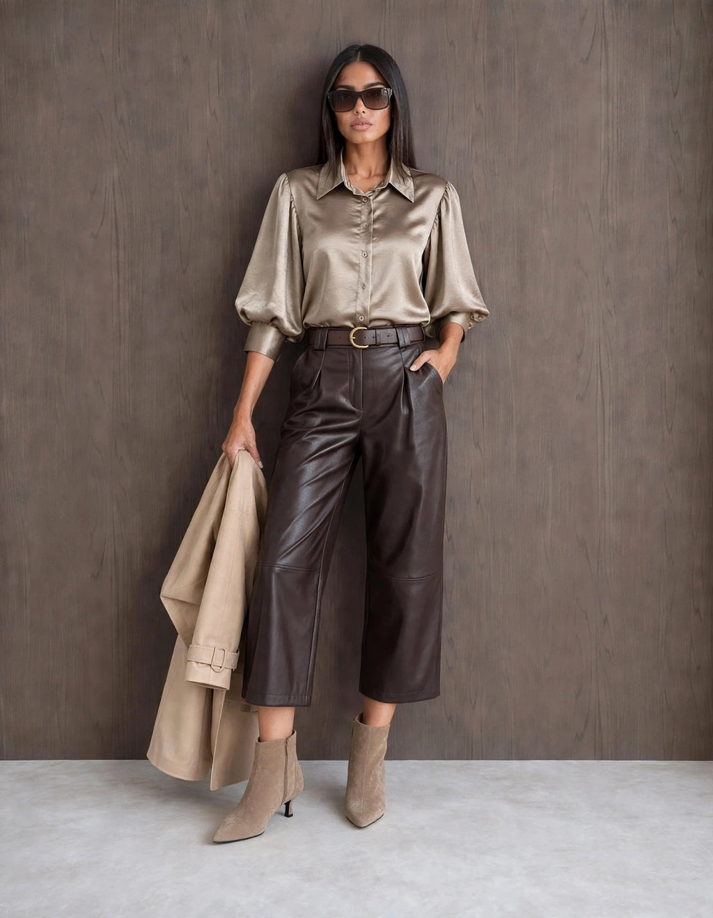 Chocolate Brown Belted Faux Leather Cropped Wide Leg Pants (available in other colours)