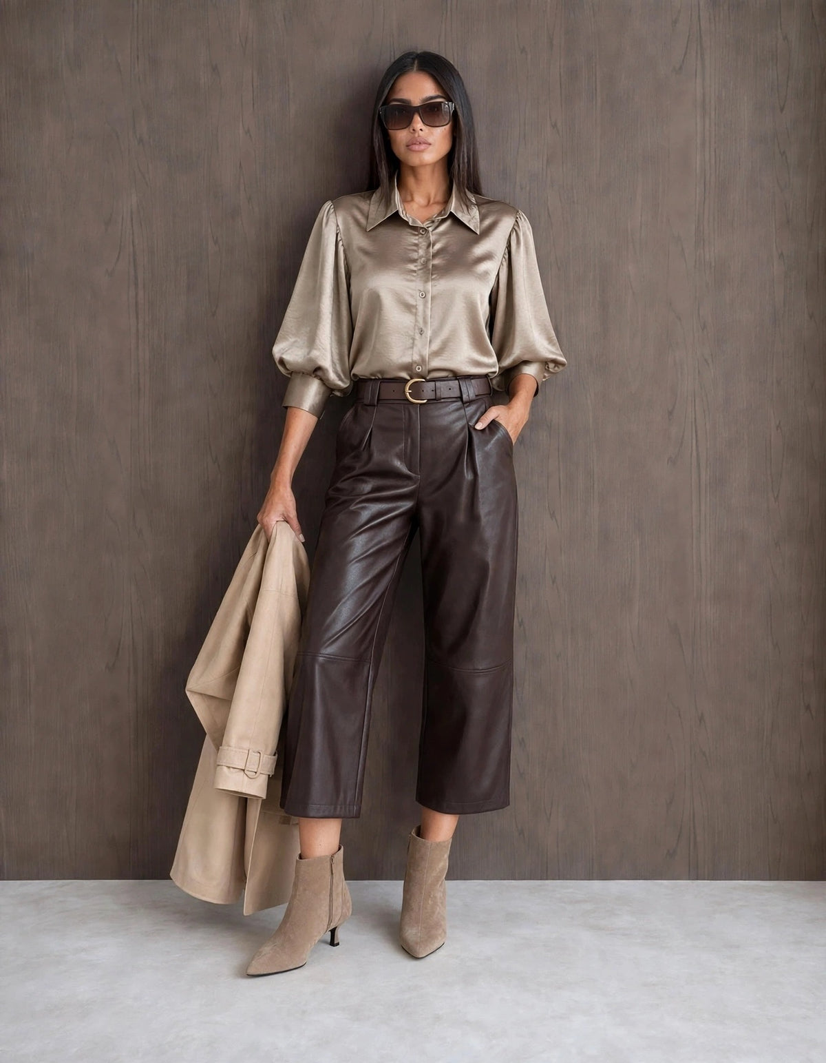 Chocolate Brown Belted Faux Leather Cropped Wide Leg Pants (available in other colours)