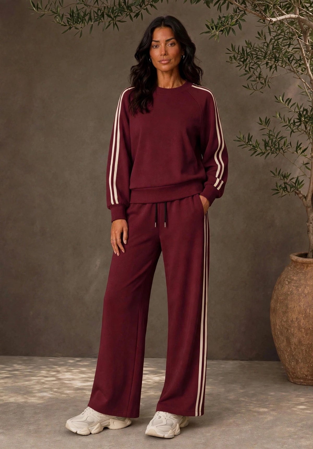 The Wine With White Double-Stripe Wide-Leg Co ord Set