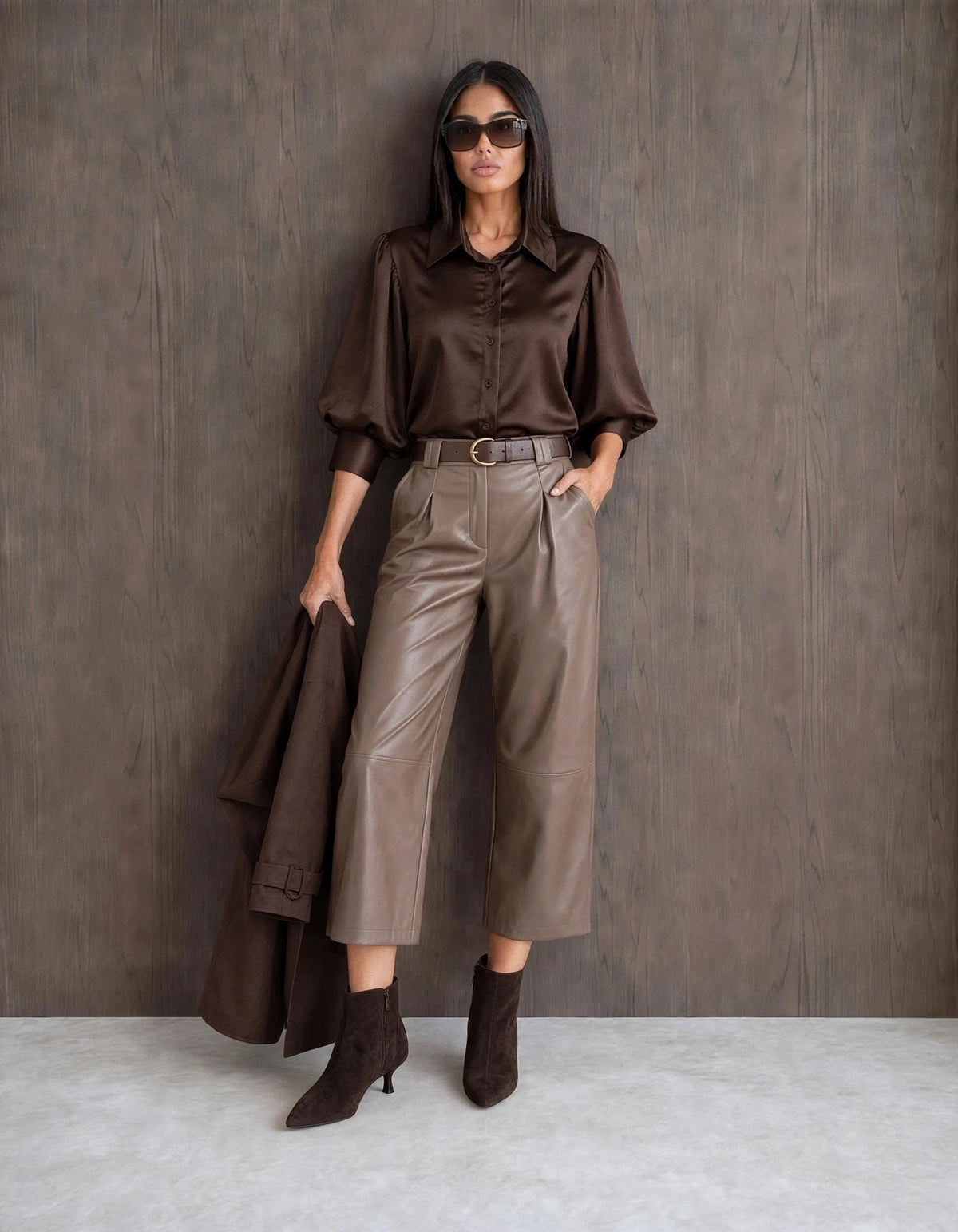 Mocha Belted Faux Leather Cropped Wide Leg Pants (available in other colours)