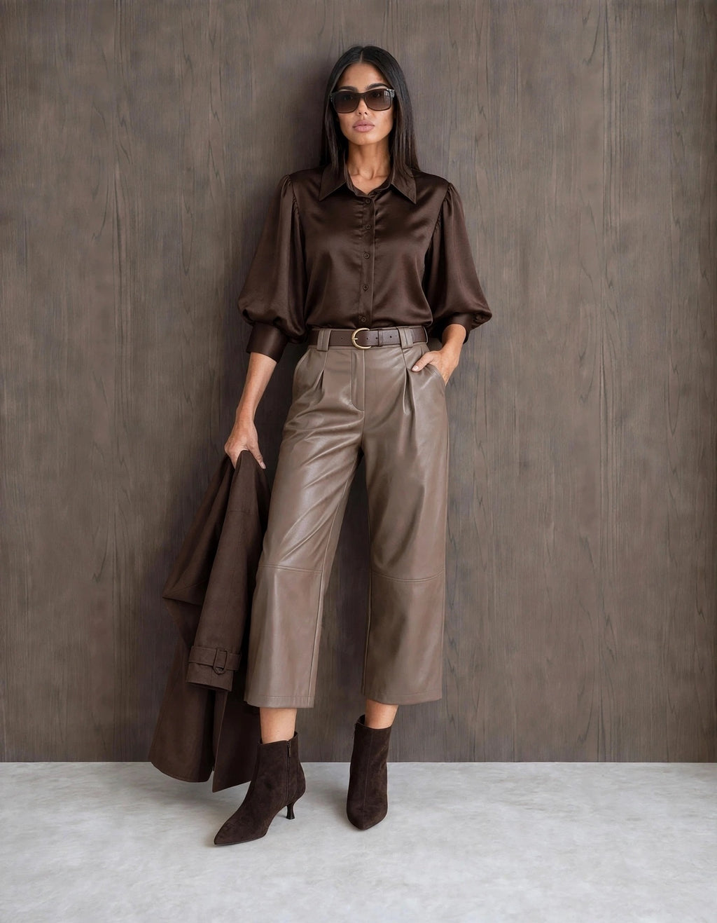 Chocolate Satin Look Cropped Puff Sleeve Shirt (available in other colours)