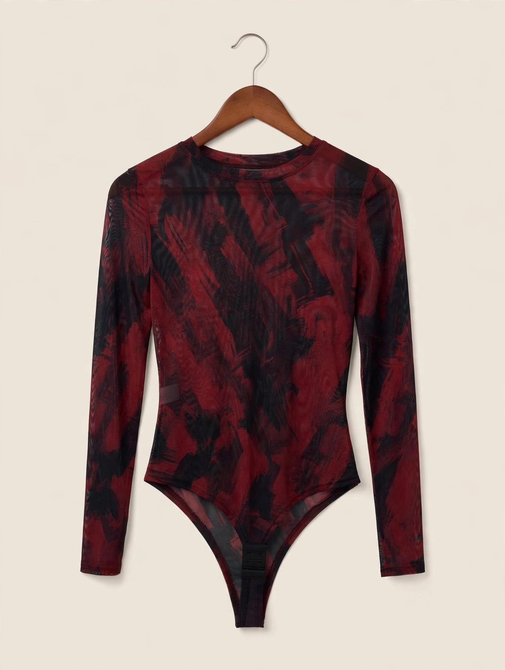 Burgundy & Black Abstract Stretch Mesh Bodysuit