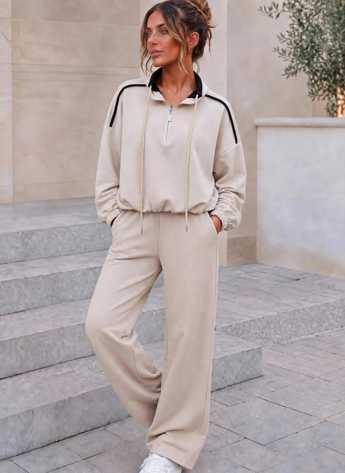 Beige with Dark Chocolate trim detail Half Zip Co-Ord Set (available in other colours)