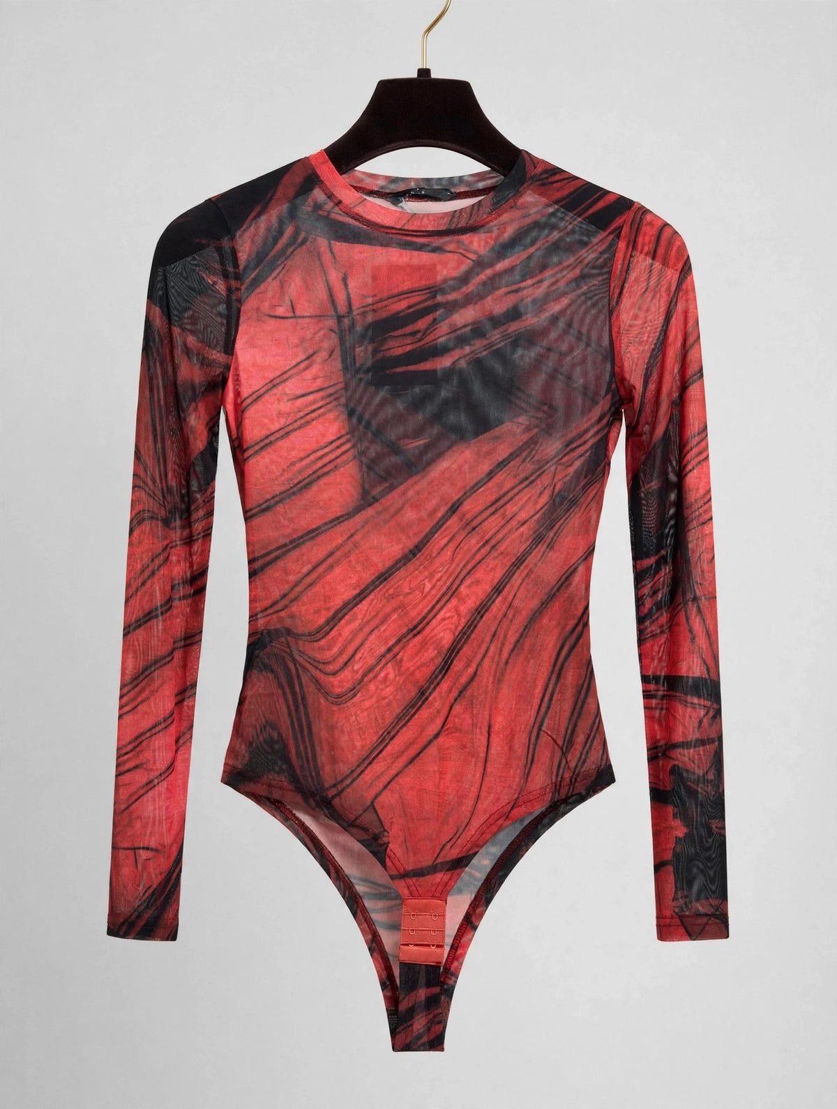 Red & Black Abstract Stretch Mesh Bodysuit