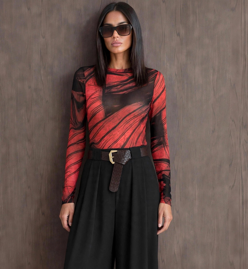 Red & Black Abstract Stretch Mesh Bodysuit