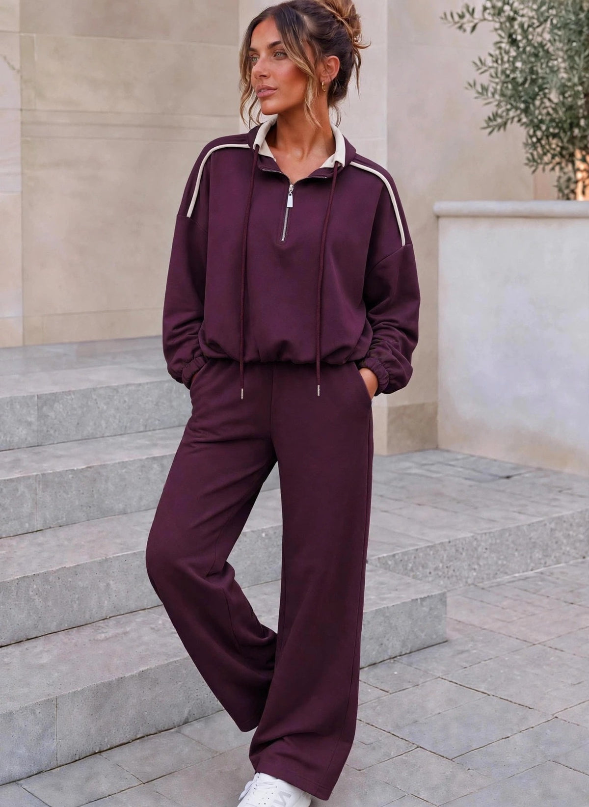 Wine Half Zip Co-Ord Set With Cream Trim Detail (available in other colours)