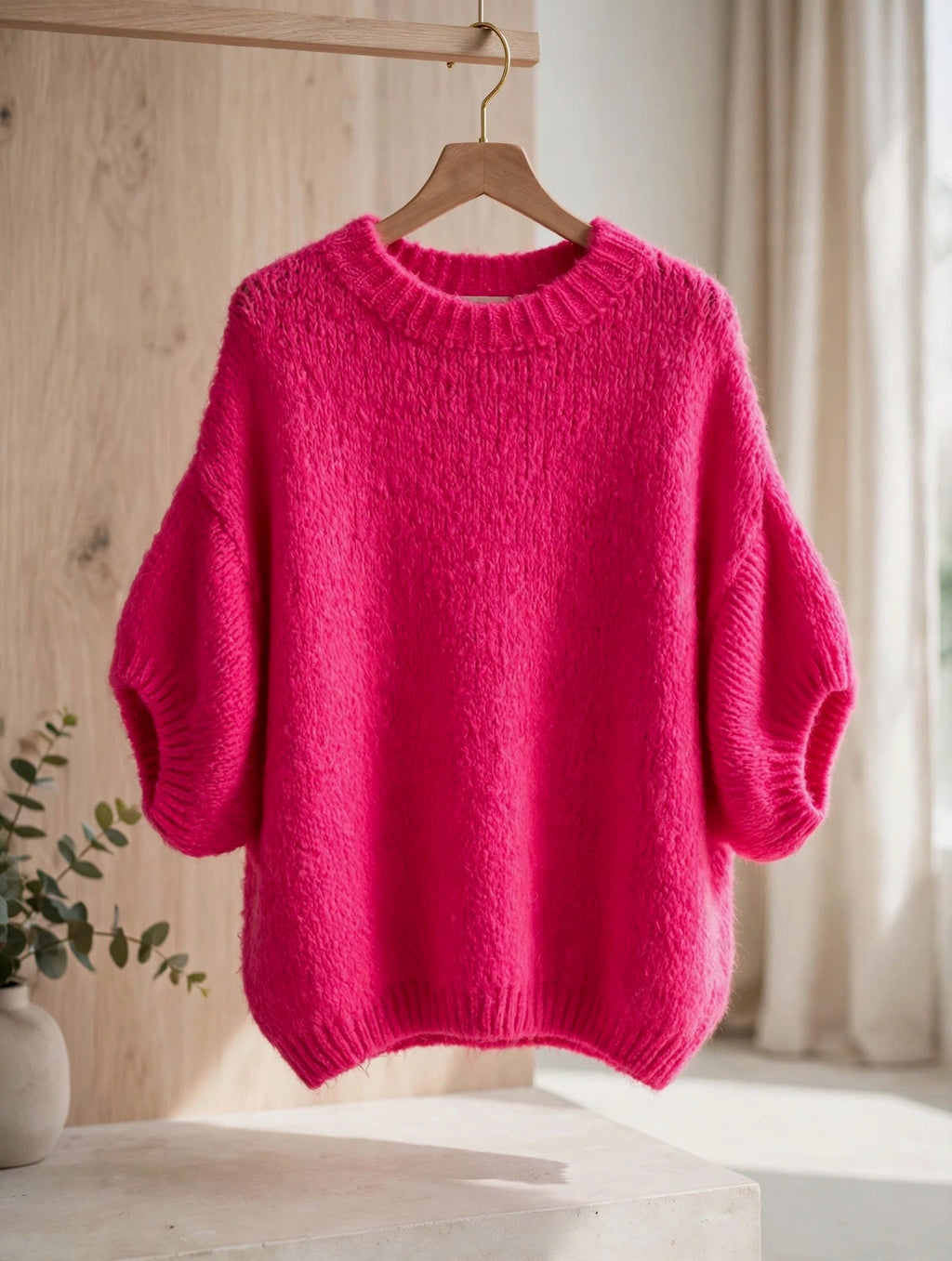 Hot Pink Chunky Knit Short Sleeve Jumper