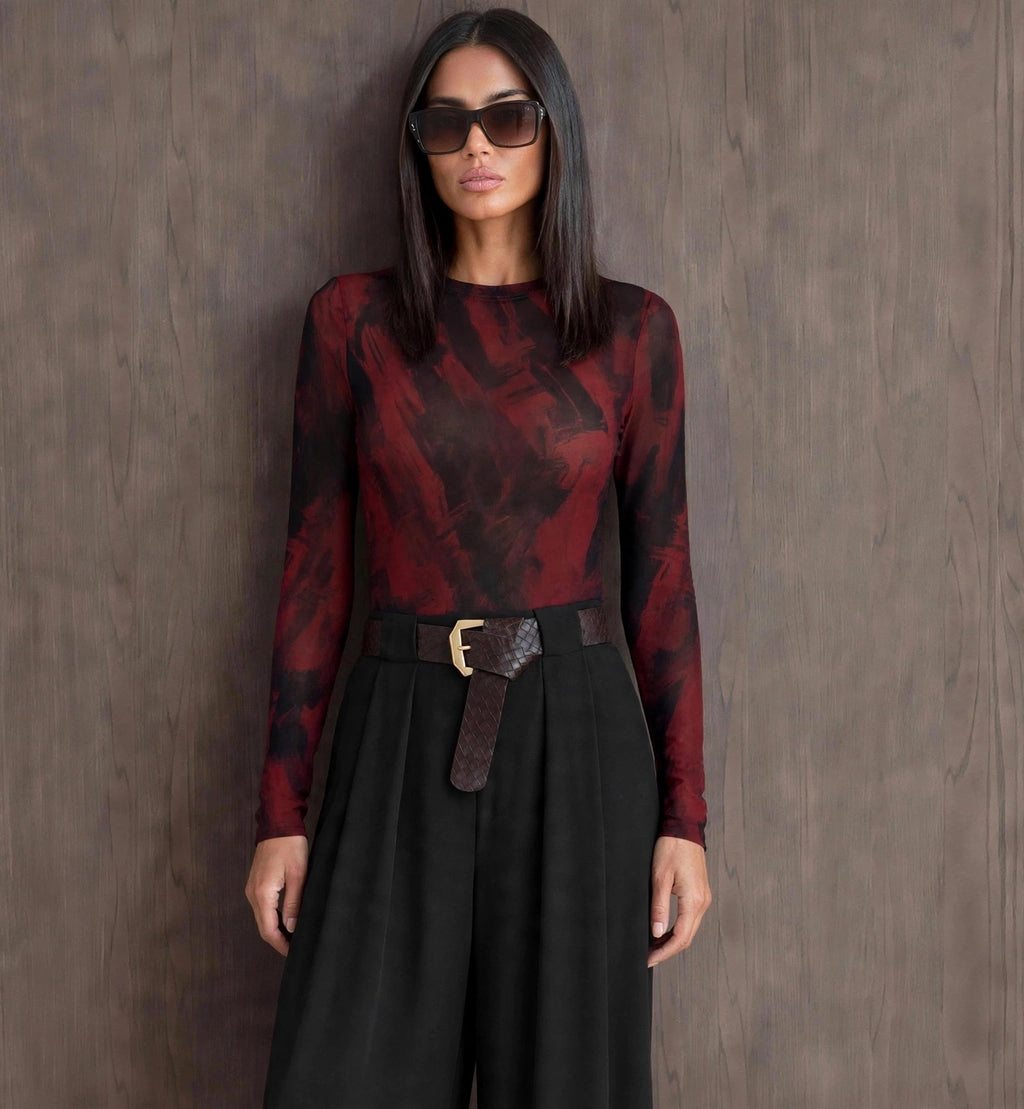 Burgundy & Black Abstract Stretch Mesh Bodysuit