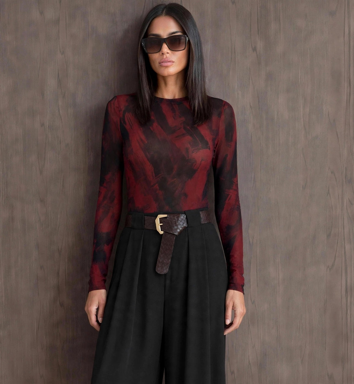 Burgundy & Black Abstract Stretch Mesh Bodysuit