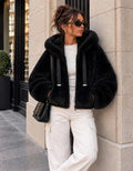 Luxe Black Plush Hooded Bomber Jacket