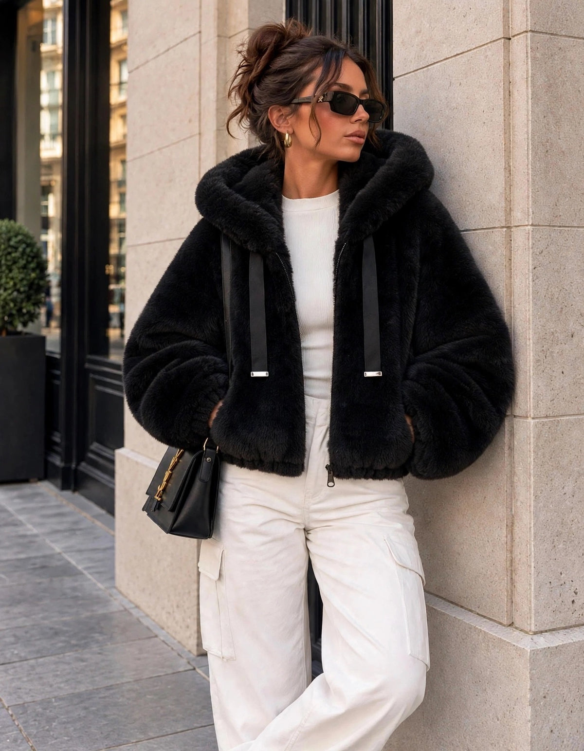 Luxe Black Plush Hooded Bomber Jacket