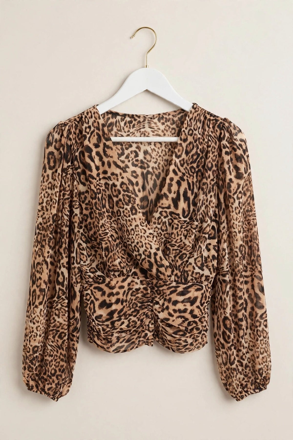 Leopard Chiffon Ruched Wrap Blouse