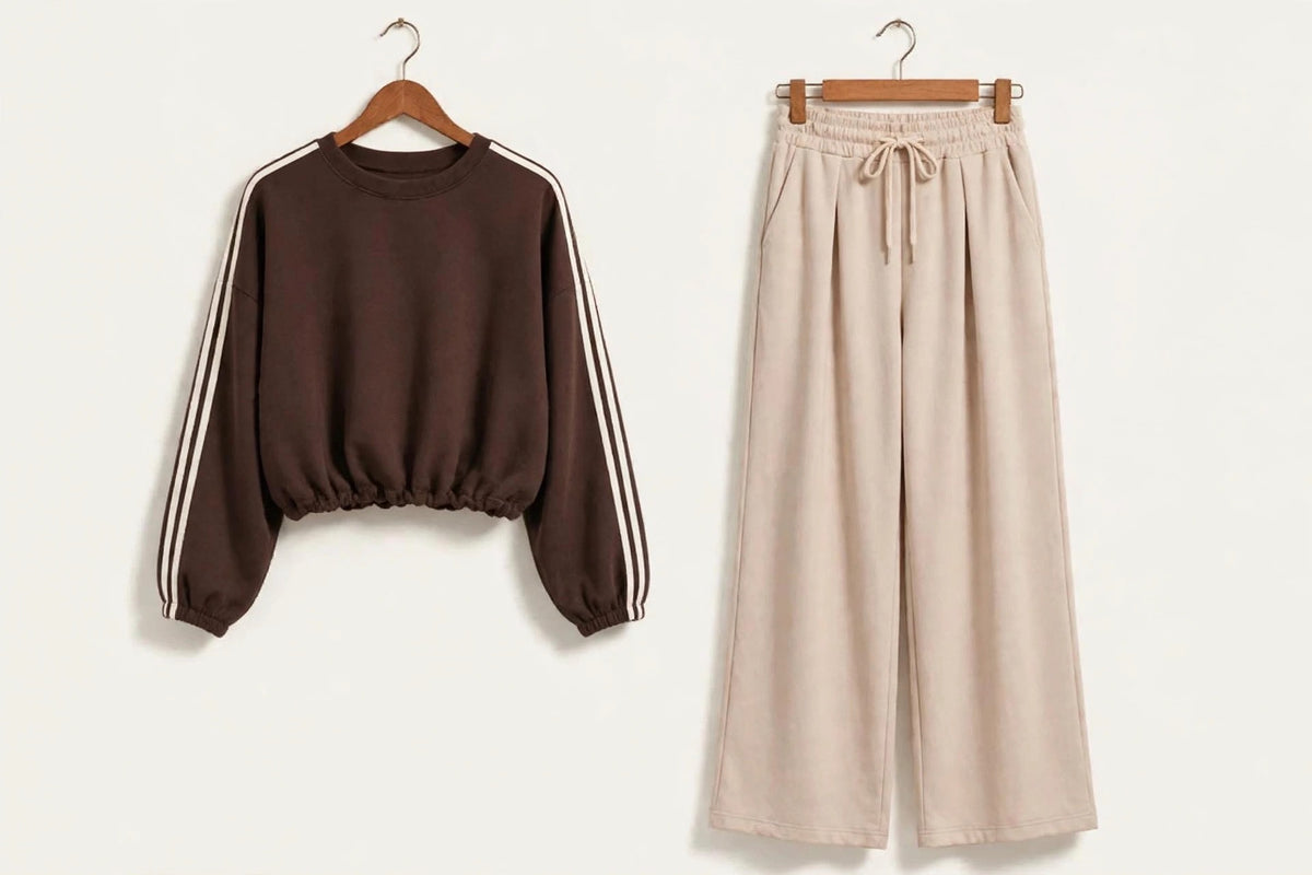 Chocolate Stripe Jumper with Beige Pleated Joggers Co-Ord Set