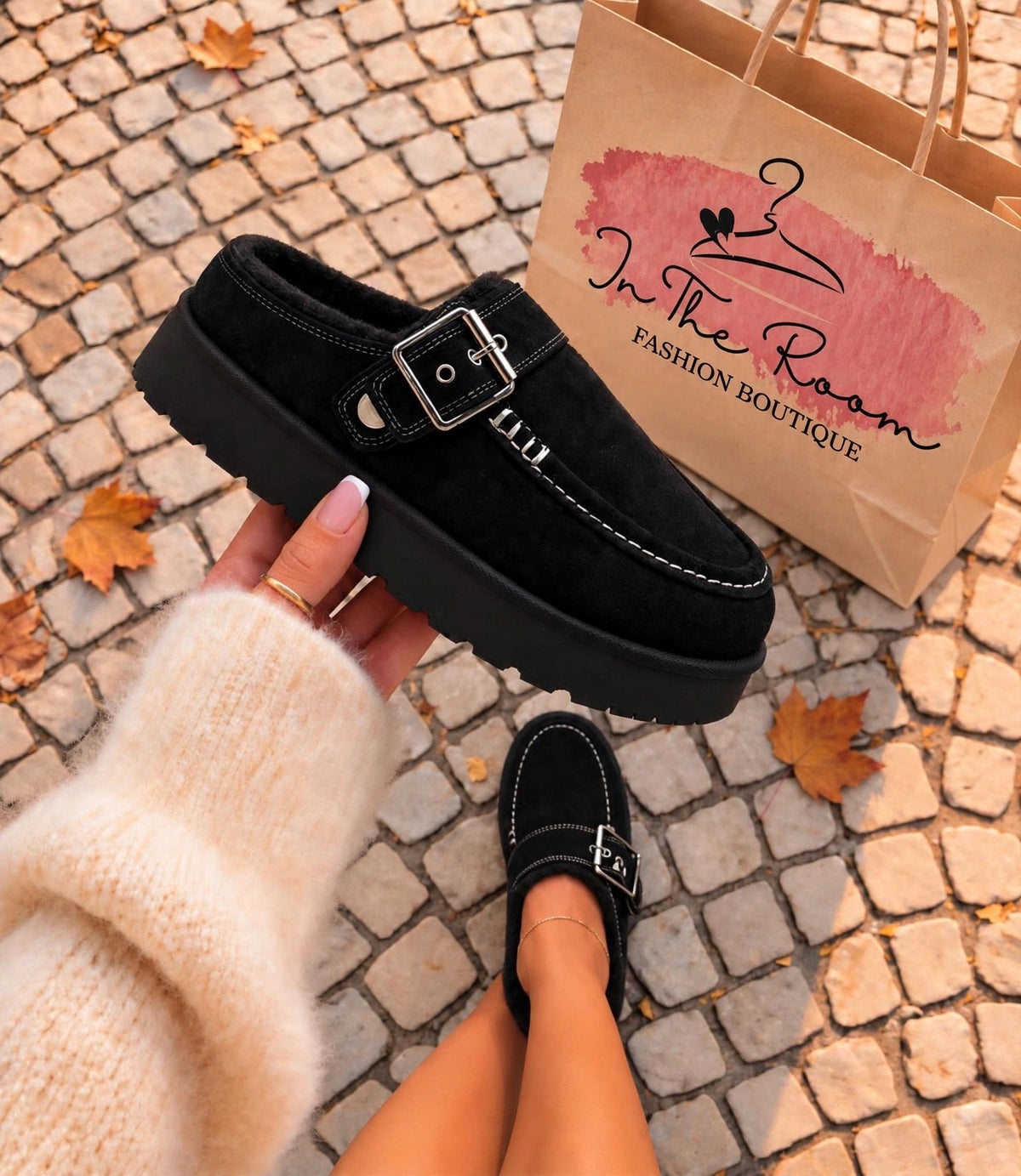 Black Faux Suede Buckle Mules (other colours available)