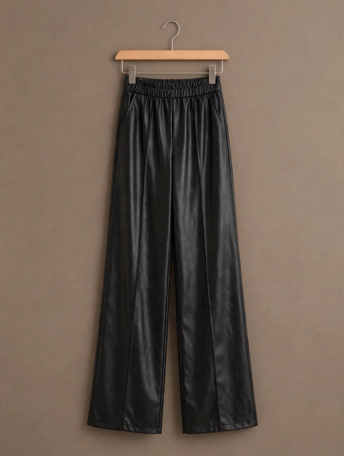 Black Faux Leather Seam Detail Wide Leg Pants