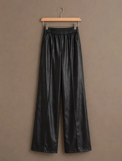 Black Faux Leather Seam Detail Wide Leg Pants