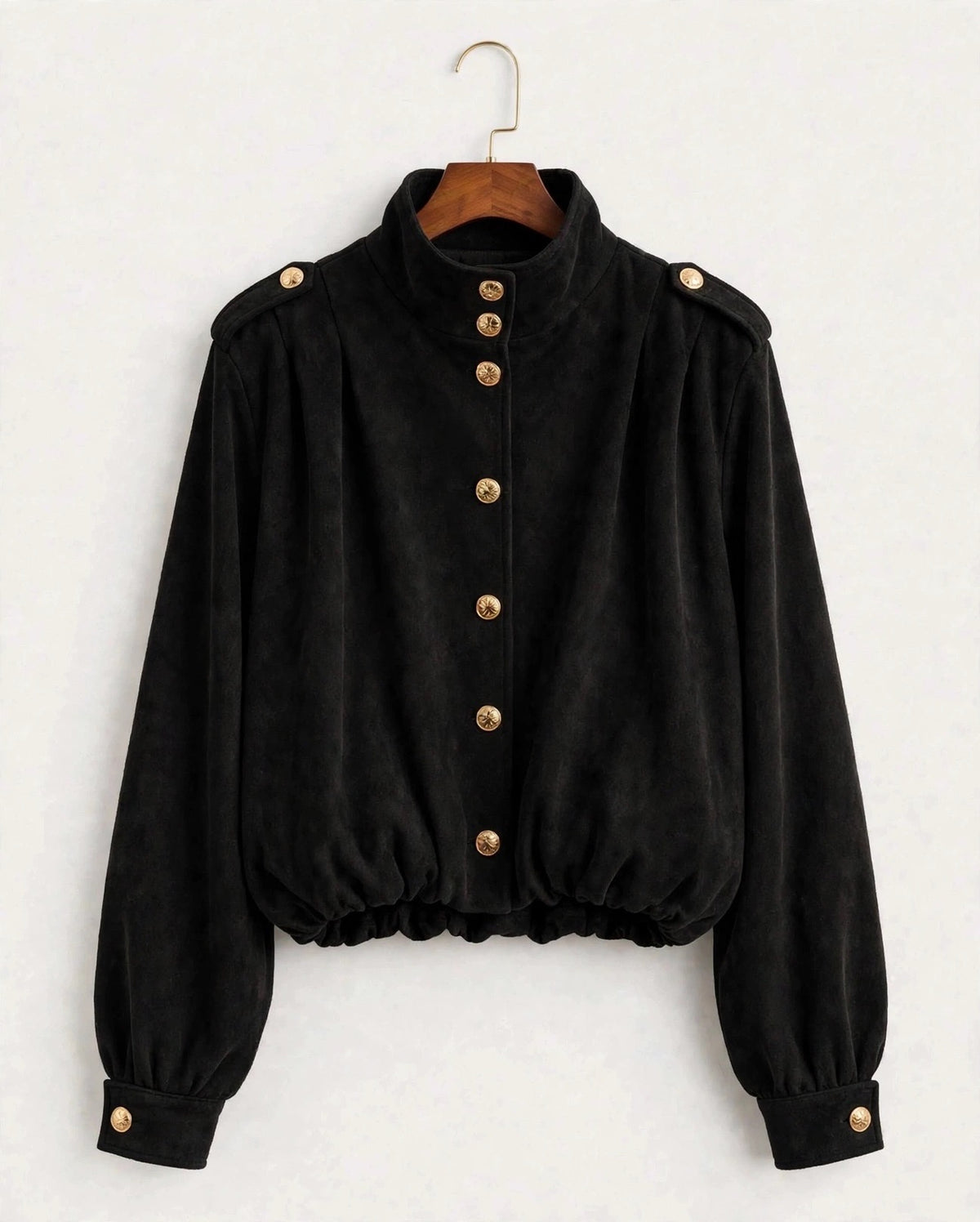 Black Gold Button High Neck Suedette Jacket