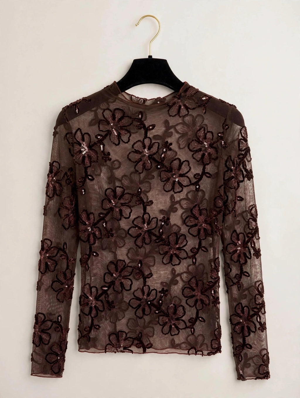Chocolate Sequin Floral Sheer Top