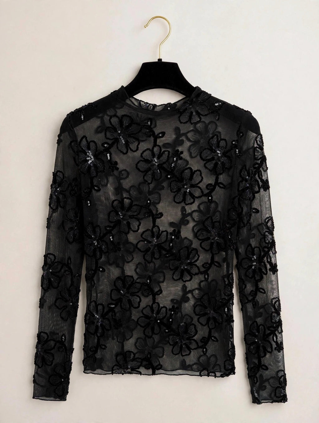 Black Sequin Floral Sheer Top