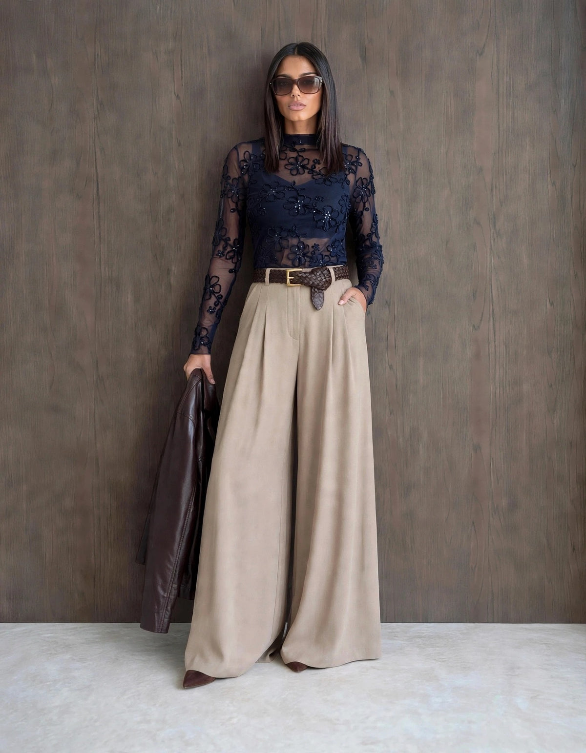 Navy Sequin Floral Sheer Top