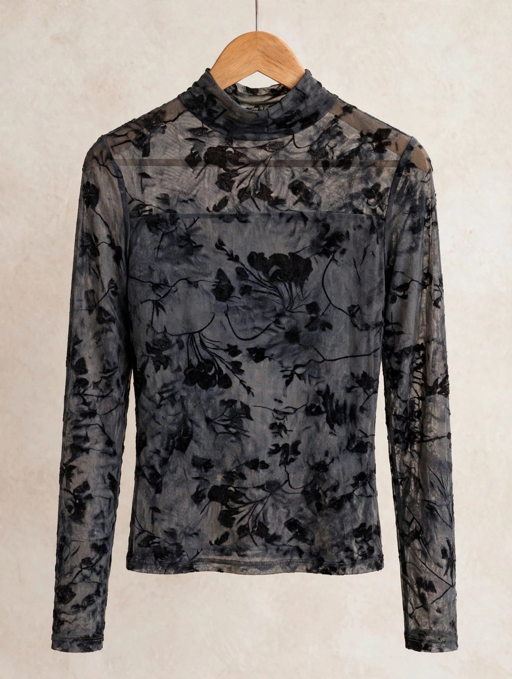 Charcoal Floral Velvet Mesh Sheer Tops