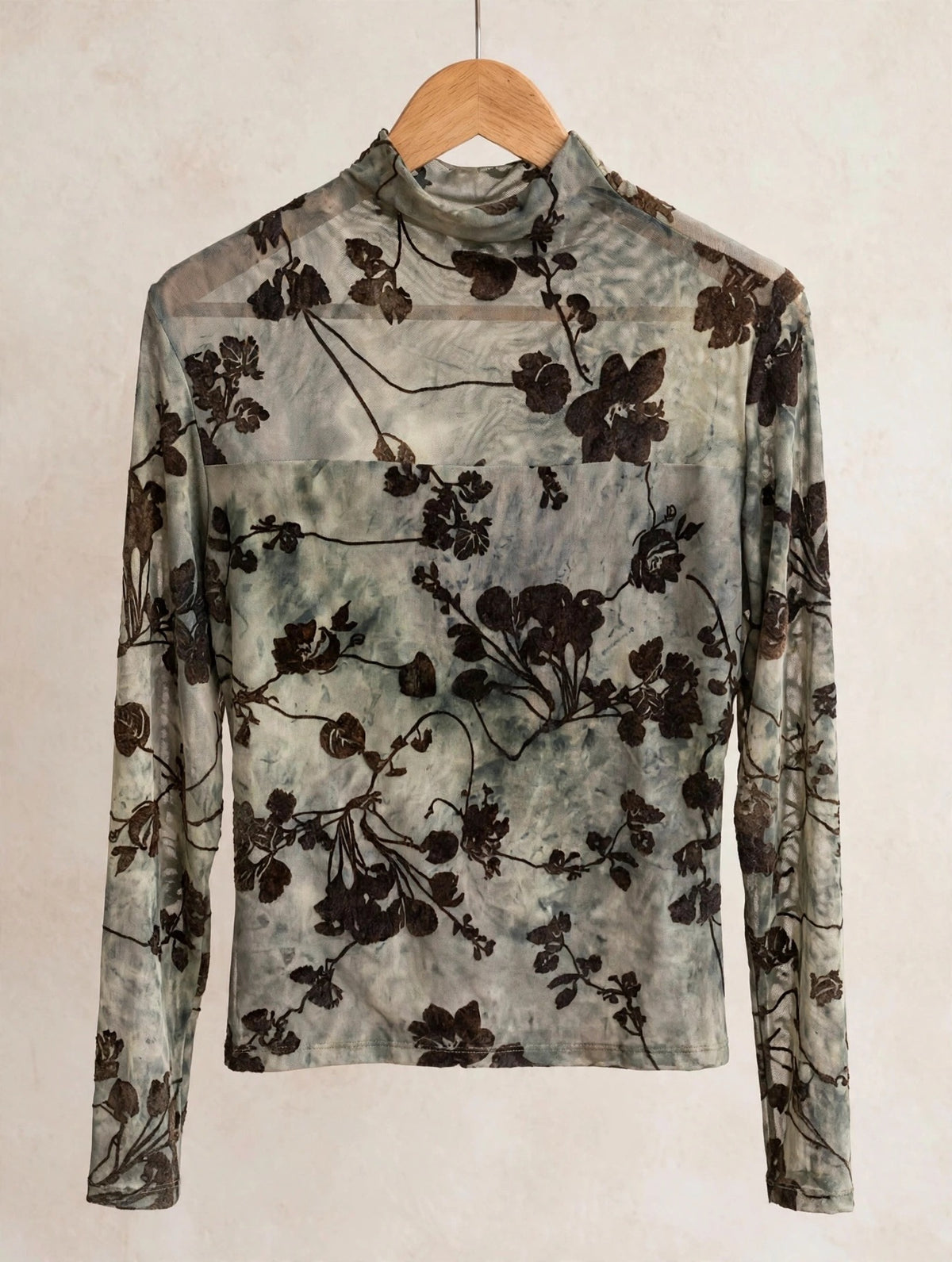 Sage Green Floral Velvet Mesh Sheer Tops