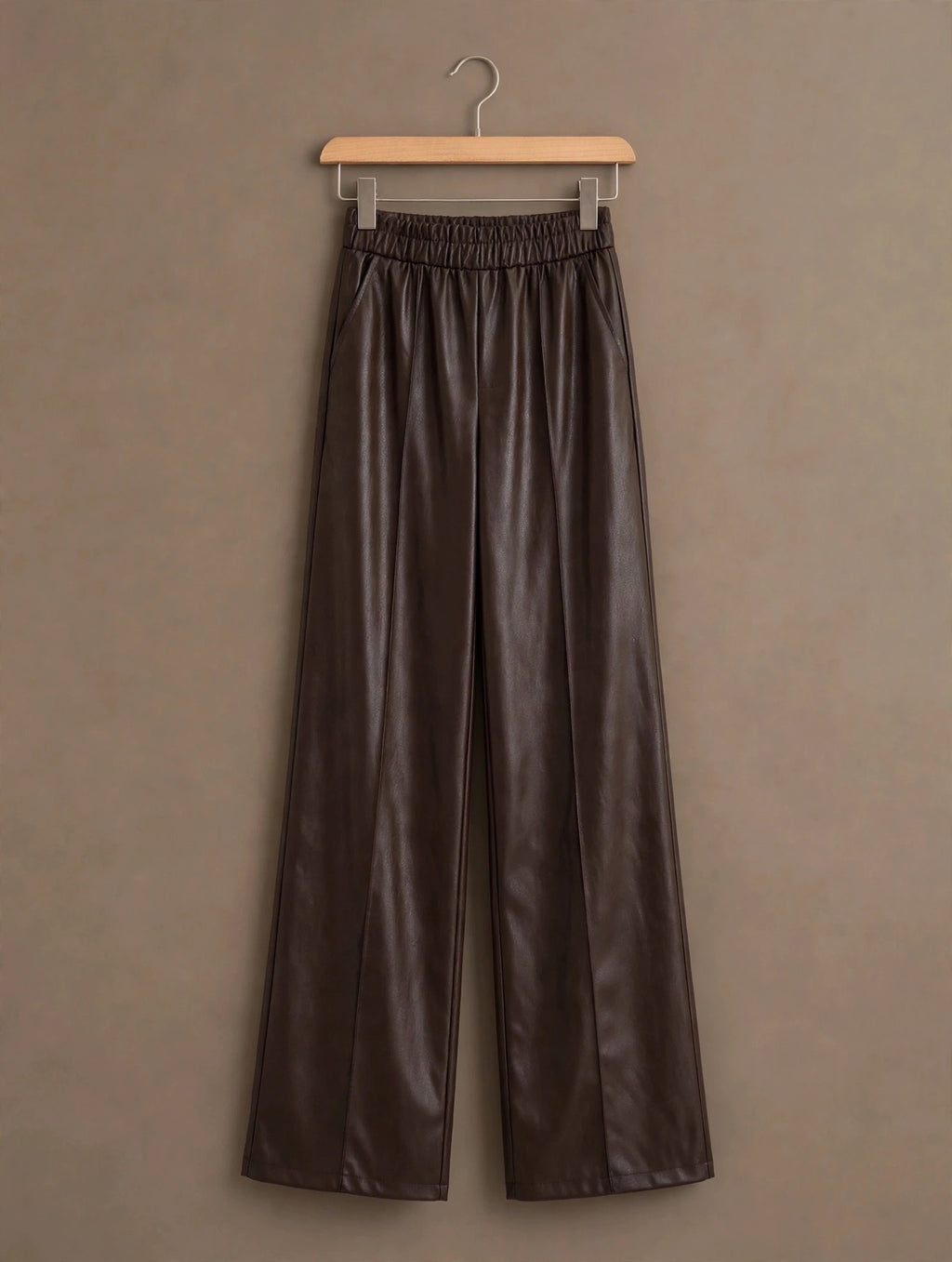 Chocolate Faux Leather Seam Detail Wide Leg Pants