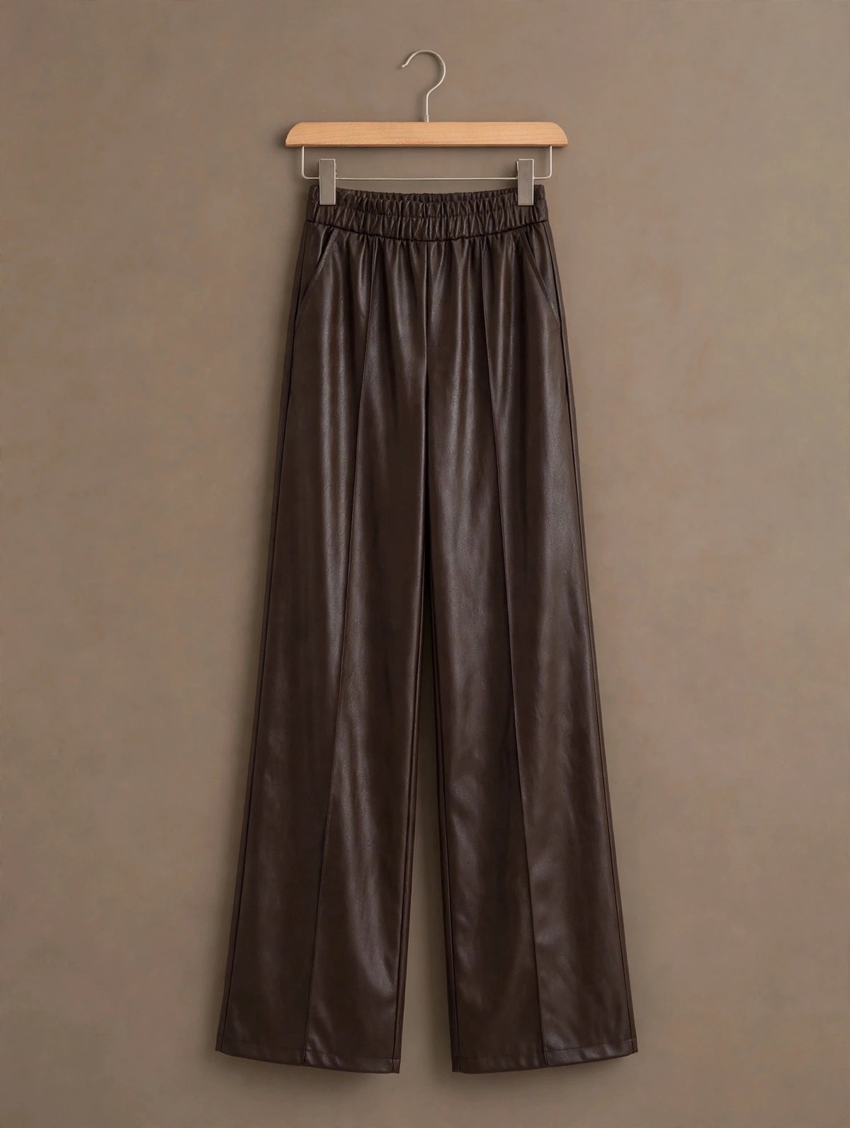 Chocolate Faux Leather Seam Detail Wide Leg Pants