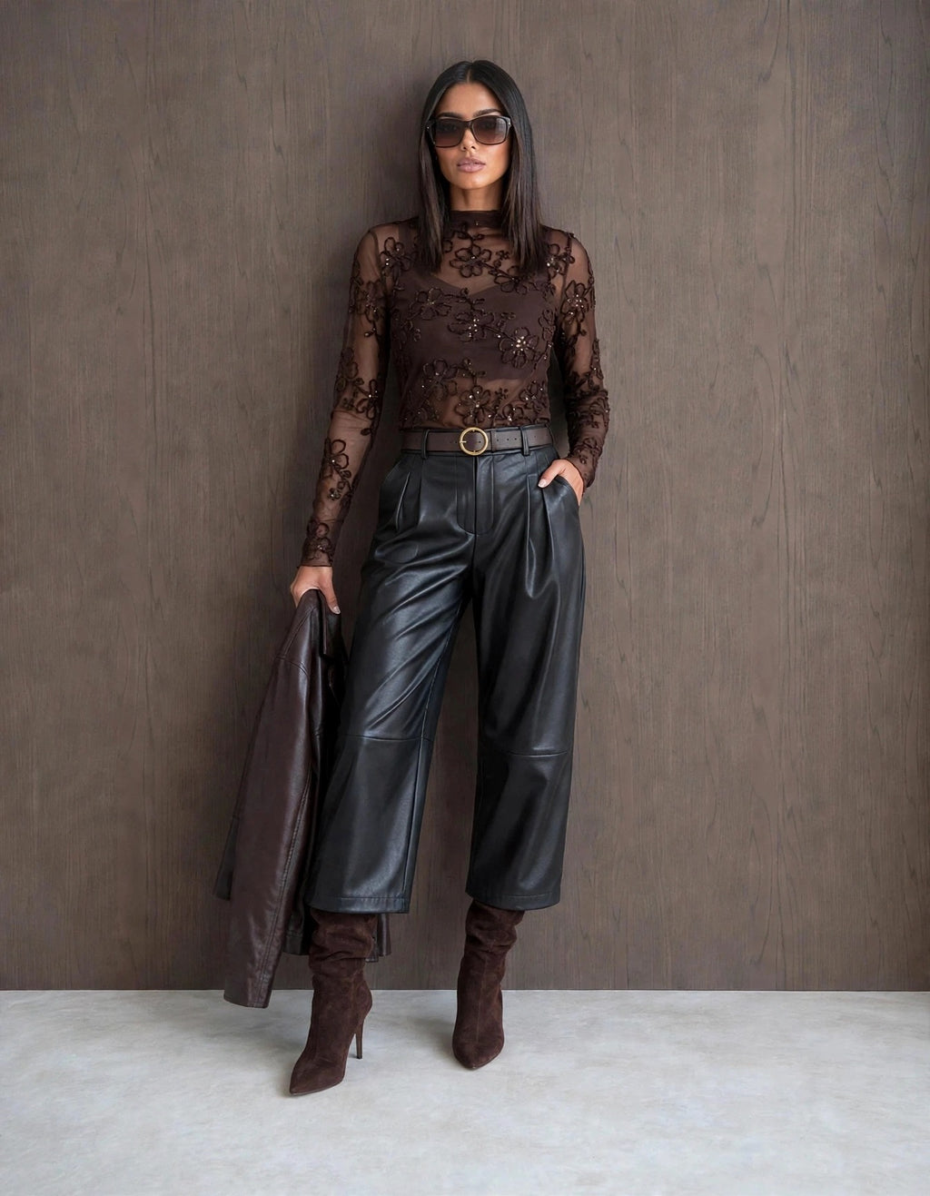 Chocolate Sequin Floral Sheer Top