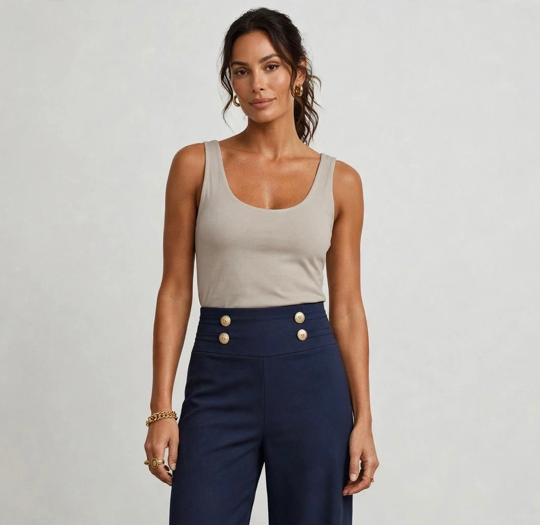 Beige Italian Soft Stretch Scoop Neck Vest Top