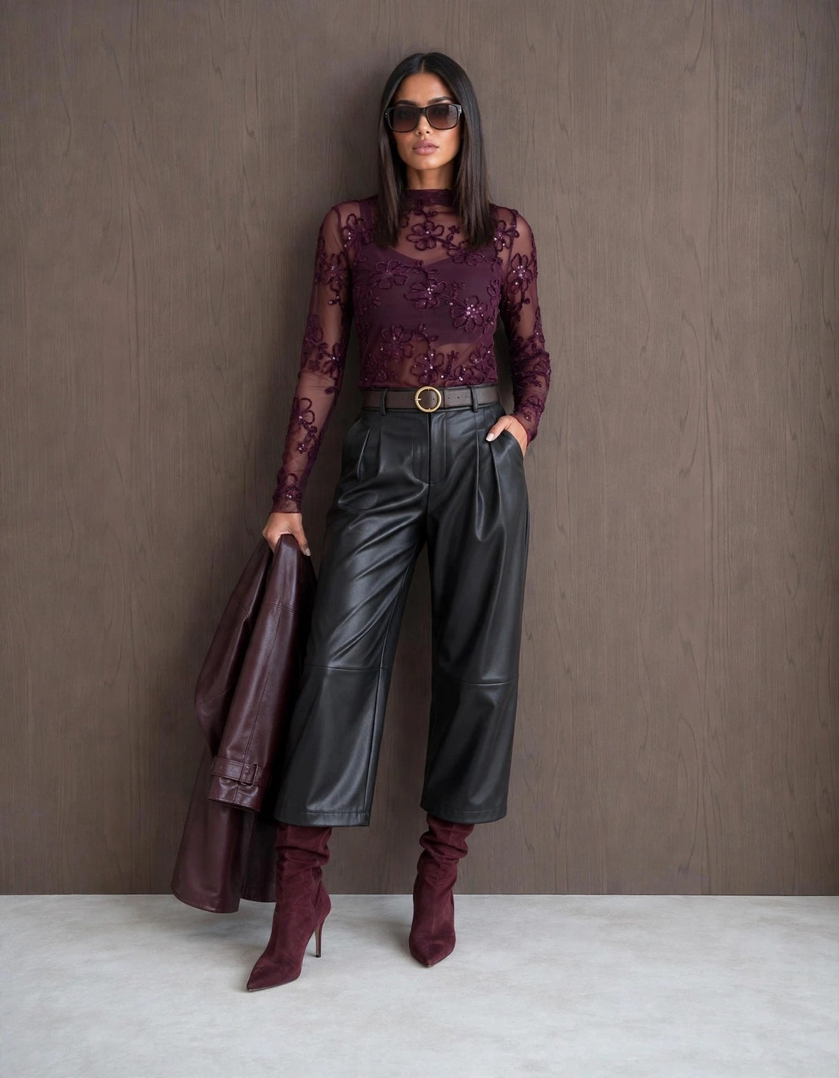 Burgundy Sequin Floral Sheer Top