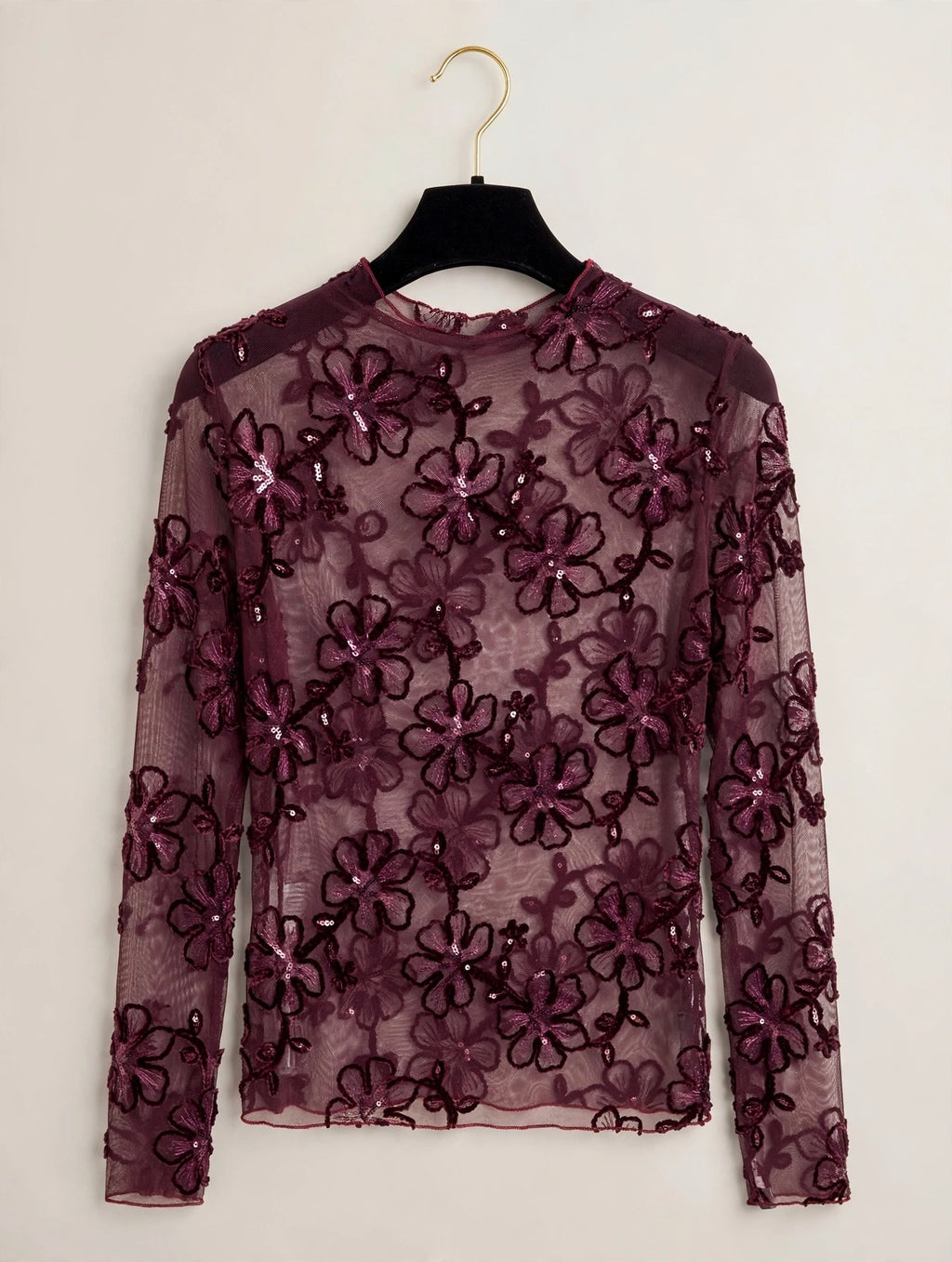 Burgundy Sequin Floral Sheer Top