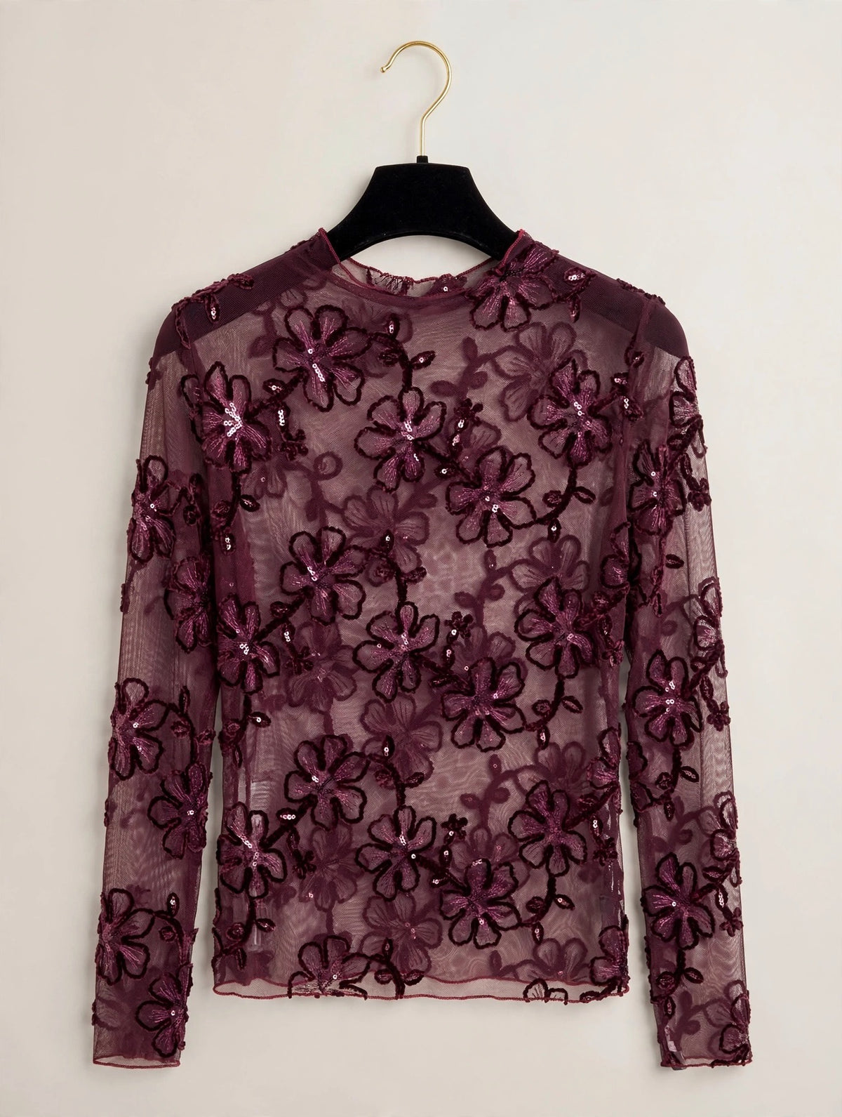Burgundy Sequin Floral Sheer Top
