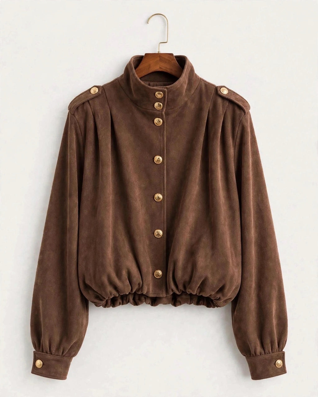 Chocolate Gold Button High Neck Suedette Jacket