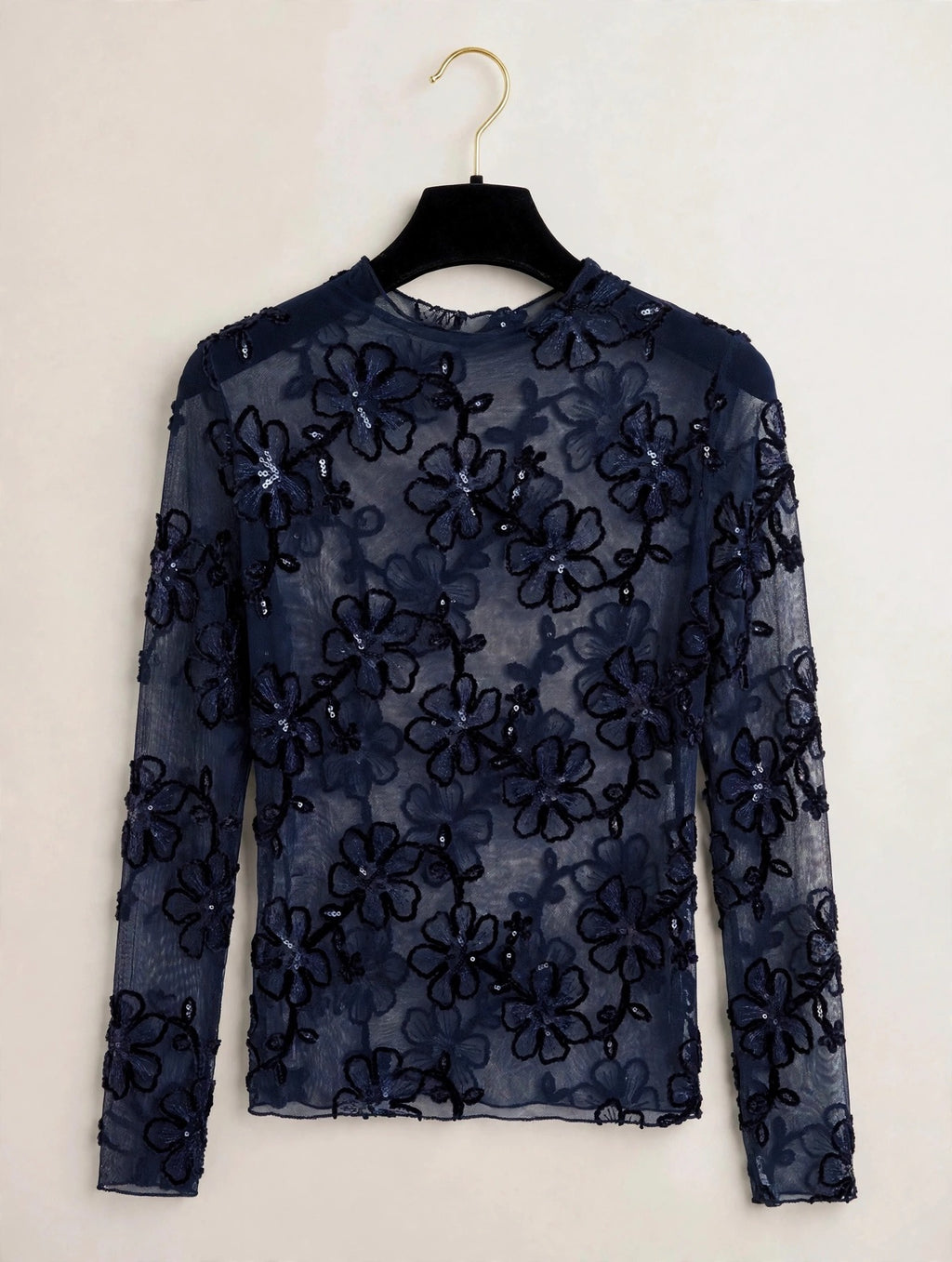 Navy Sequin Floral Sheer Top