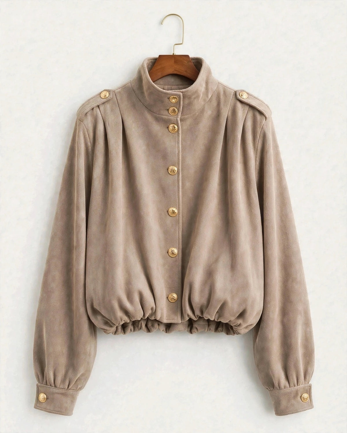 Beige Gold Button High Neck Suedette Jacket