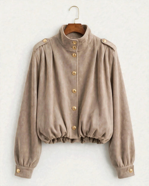 Beige Gold Button High Neck Suedette Jacket