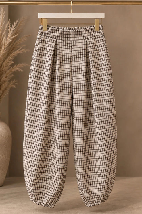 Beige Check Print Balloon Leg Trousers