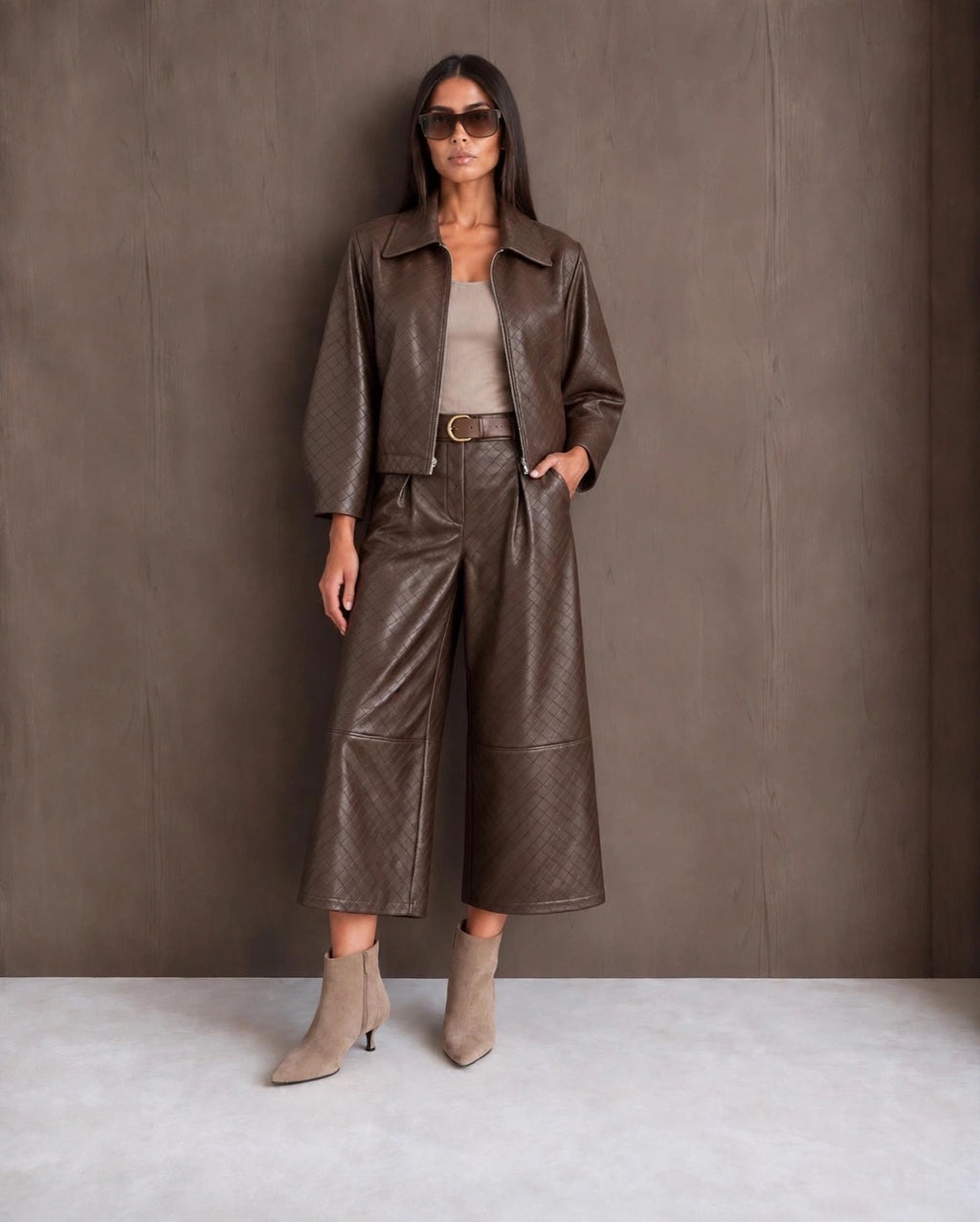 Luxe Chocolate Woven Effect Faux Leather Bomber Jacket