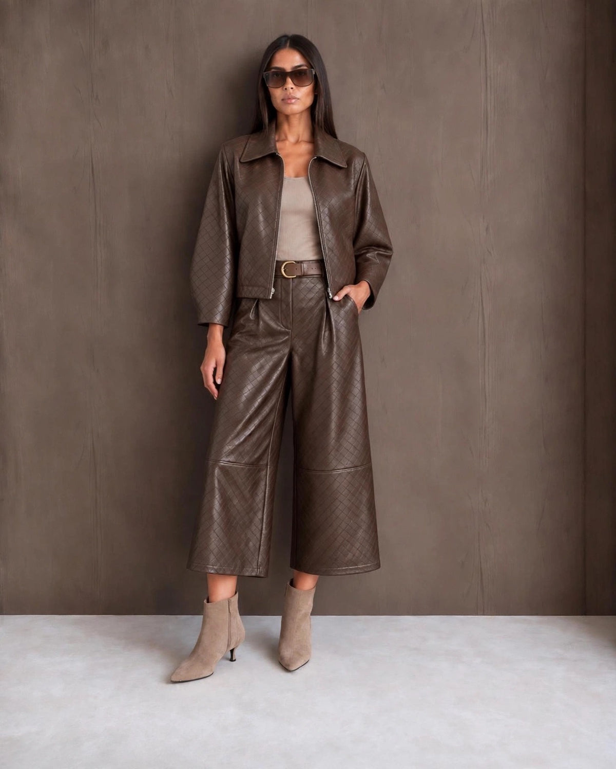 Luxe Chocolate Woven Effect Faux Leather Bomber Jacket