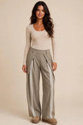 Taupe Tailored Pleated Trousers With Front Stripe